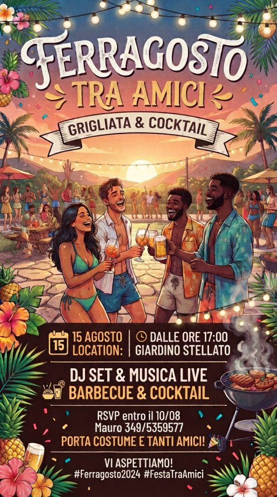 Vivi un Ferragosto indimenticabile al Giardino Stellato! Ti aspettiamo il 15 agosto alle 17:00 tra barbecue, cocktail freschi e ottima compagnia.